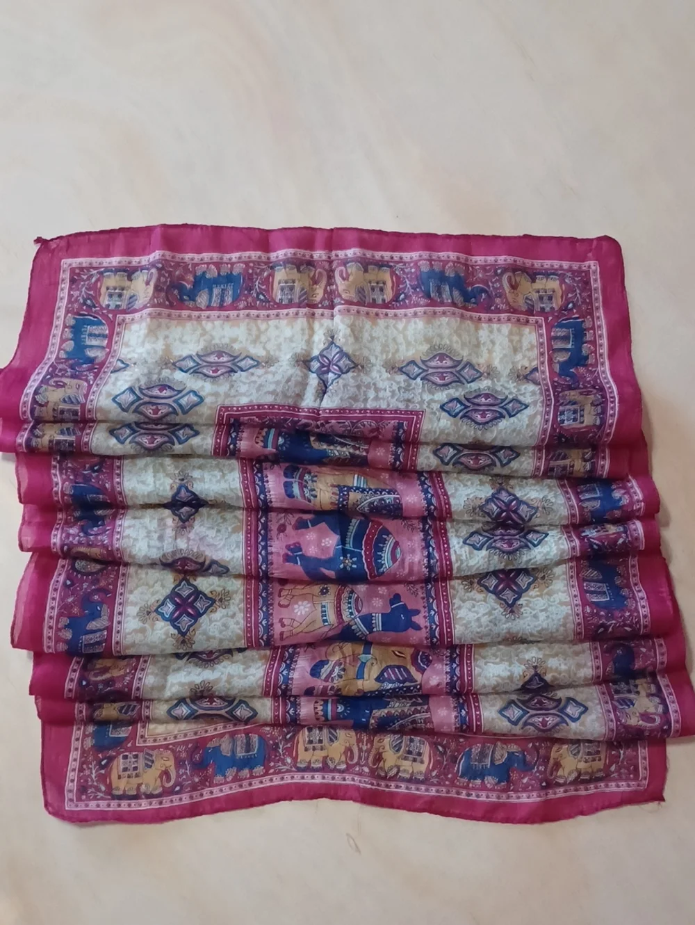 Vintage India Elephant Camel Paisley Scarf Silk Feel Oblong Boho Wrap Appx 68×19